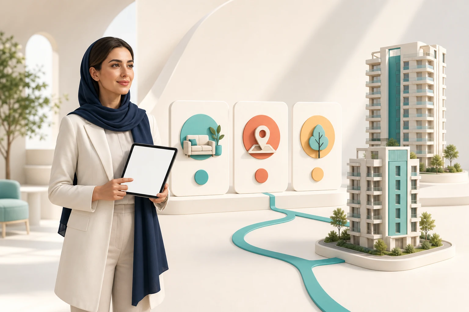 مشاور خانم کنار کارت‌های نیاز مشتری و ماکت ساختمان برای انتخاب فایل مناسب